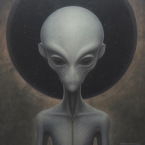 May include: A gray alien with large eyes and a small mouth, looking directly at the viewer. The alien is standing in front of a dark background with a ring of light around it.