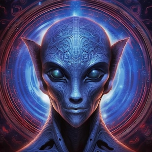 May include: A blue alien with large, green eyes and intricate patterns on its face. The alien is surrounded by a swirling, blue and red nebula.