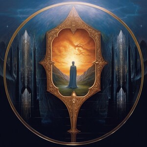 Könnte beinhalten: Ein runder, goldfarbener Spiegel mit einem verzierten Rahmen. Der Spiegel reflektiert einen blauen und grauen Hintergrund mit einer Figur, die in einem Durchgang steht. Der Durchgang ist von einem goldenen Torbogen gerahmt und führt zu einer leuchtend orangefarbenen Landschaft.