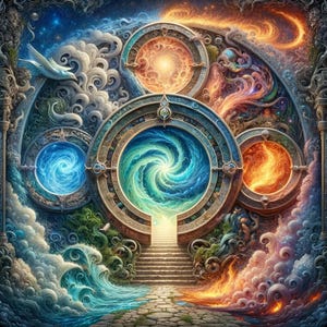 Peut inclure: Un portail bleu et vert tourbillonnant encadré par un design orné doré. Le portail est entouré de quatre cercles plus petits, chacun représentant un élément différent : le feu, l’eau, la terre et l’air. L’image est une œuvre d’art sur le thème de la fantasy.
