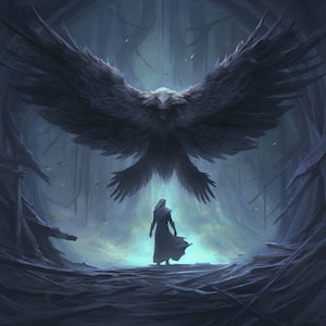 May include: A large, dark gray bird with a sharp beak and piercing eyes hovers over a lone figure in a forest setting. The bird's wings are spread wide, casting a shadow over the figure below. The scene is bathed in a soft, blue light, creating a sense of mystery and danger.