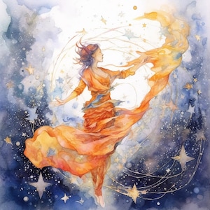 Pode incluir: Uma mulher com um vestido laranja fluído dança entre um campo de estrelas. O vestido é feito de um tecido transparente que balança ao vento. As estrelas são pintadas em tons de azul e dourado, criando uma atmosfera mágica e etérea.