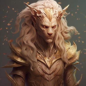 May include: A humanoid figure with long, white hair and golden armour. The figure has pointed ears and red eyes. The armour is detailed and intricate, with a bird-like design on the chest.