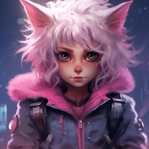 May include: A white and pink furry cat-like character with large blue eyes, wearing a pink and blue jacket. The character has a serious expression.