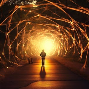 Puede incluir: Una persona camina hacia una luz brillante al final de un túnel hecho de líneas naranjas brillantes.