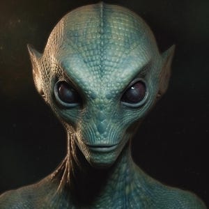 May include: A close-up of an alien's head with a reptilian texture. The alien has large, dark eyes and a slightly smiling expression. The skin is a mix of blue and green tones, with a smooth, scaled appearance.