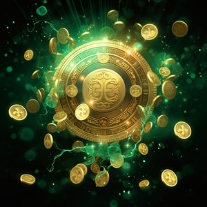 May include: A gold coin with intricate designs and a green and gold background. The coin is surrounded by smaller gold coins, creating a sense of wealth and prosperity.