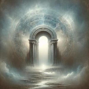 May include: A large, stone archway with a bright light shining through it. The archway is surrounded by a swirling, ethereal mist.