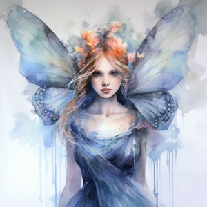 May include: A watercolor painting of a woman with a butterfly wing headdress. The woman has long, flowing red hair and is wearing a blue dress. The background is a soft, light blue.