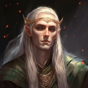 Könnte beinhalten: Ein Porträt eines Elfen mit langen weißen Haaren, der eine goldene Krone und eine grün-goldene Robe trägt.