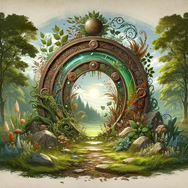 May include: An artistic illustration of a portal in a forest setting. The portal is a circular wooden frame with intricate carvings and a green, glass-like center. The scene includes a stone path, lush greenery, and a bright sun.