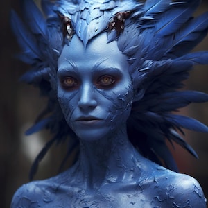 May include: A blue-skinned woman with a crown of blue feathers and horns. Her eyes are a bright orange color.