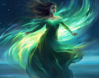 May include: An artistic depiction of a person in a flowing green dress with long sleeves, arms outstretched. The figure is surrounded by swirling green and blue light, with a starry night sky in the background. The overall theme is ethereal and mystical.