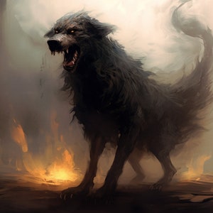Puede incluir: Un lobo negro con ojos rojos brillantes se encuentra en un paisaje de fuego. El pelaje del lobo es denso y peludo, y su cola está enroscada detrás de él. Los ojos del lobo brillan de rojo, y su boca está abierta en un gruñido. El lobo está rodeado de llamas que lamen sus patas.