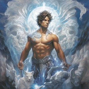 May include: A muscular man with dark hair and a white cloth around his waist stands in front of a white, cloudy background. He has a white, feathered wing on his left shoulder. Two white wolves are at his feet.