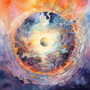 Può includere: Dipinto ad acquerello di una scena celeste. Una struttura circolare centrale con dettagli intricati è circondata da nuvole vorticose e una vibrante tavolozza di colori arancione, giallo, blu e viola. Un pianeta è al centro ed è visibile un'astronave.