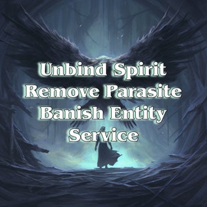 Może przedstawiać: Ciemny, mistyczny obraz z dużym, czarnym ptakiem o rozpostartych skrzydłach. Tekst "Unbind Spirit Remove Parasite Banish Entity Service" jest napisany jasnoniebieskim kolorem.