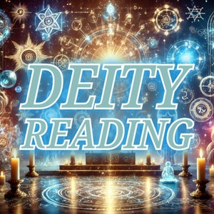 Puede incluir: Un gráfico de texto azul y blanco con las palabras "DEITY READING" sobre un fondo de orbes brillantes, estrellas y formas geométricas.