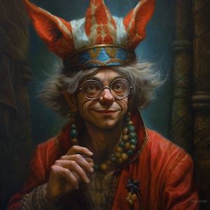 Op de afbeelding: Een portret van een man met een puntige hoed en een lange kralenketting. Hij draagt een rode mantel en heeft een ondeugende glimlach op zijn gezicht.