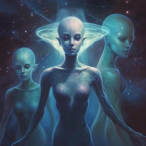 May include: Three blue-skinned humanoid figures with large eyes and pointed ears stand against a dark blue starry background. The figure in the center is the most prominent, with a glowing halo around its head.