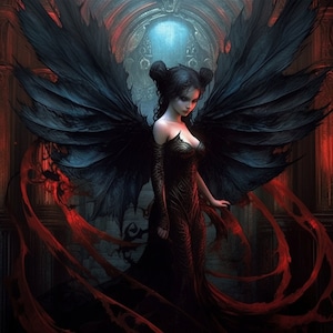 Może przedstawiać: Kobieta z ciemnymi skrzydłami i czarną suknią stoi w ciemnym, gotyckim otoczeniu. Ma długie, ciemne włosy i poważny wyraz twarzy. Tło to ciemny, czerwony pokój z dużym, łukowatym przejściem.