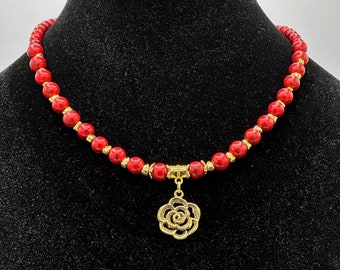 Red Stone Necklace with gold flower charm