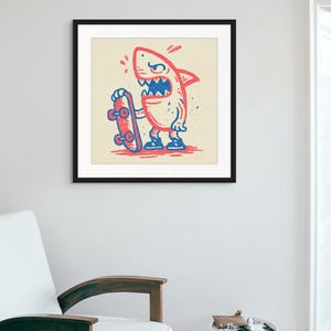 1:1 Cartoon Sketch Skateboarding Shark | Funny Digital Print | Cartoon illustration | Kids Room Decor | Gift for Him