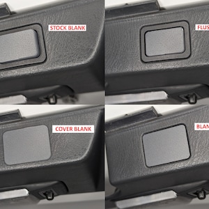 Könnte beinhalten: Vier verschiedene Arten von leeren Schalterplatten für Auto-Armaturenbretter. Die Platten sind mit "Stock Blank", "Flush Blank", "Cover Blank" und "Blank Filler" beschriftet.