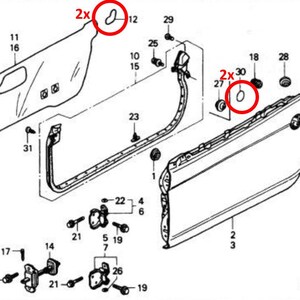 May include: An exploded diagram of car door components, including the door panel, frame, and various fasteners. The diagram shows multiple parts, including door handles, hinges, and mounting hardware. The image is a technical illustration.