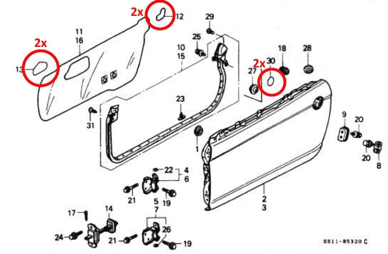 May include: An exploded diagram of car door components, including the door panel, frame, and various fasteners. The diagram shows multiple parts, including door handles, hinges, and mounting hardware. The image is a technical illustration.