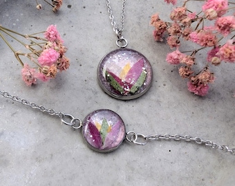 Brautstrauß Schmuck Set | Personalisierte Kette & Armband aus echten Hochzeitsblumen | Erinnerung Hochzeit Edelstahl | Getrocknete Blüten