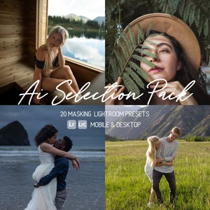 May include: A set of 20 Lightroom presets for masking images. The presets are compatible with both desktop and mobile versions of Lightroom. The text "Ai Selection Pack" is displayed in a handwritten font.