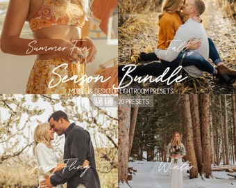 May include: A collage of four images showcasing couples in different seasons. The top left image shows a couple in summer with the text "Summer Fun". The top right image shows a couple in fall with the text "Fall". The bottom left image shows a couple in spring with the text "Spring Fling". The bottom right image shows a couple in winter with the text "Winter". The text "Season Bundle" is in the center of the collage, with the text "Mobile & Desktop Lightroom Presets" and "Lr LrC 20 Presets" below it.