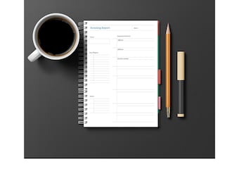 May include: A top-down view of a workspace featuring a white spiral-bound notebook with the text "Scouting Report", a cup of black coffee, a pencil, and a pen. The notebook has color-coded tabs. The items are arranged on a dark gray surface.