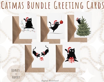 Christmas Card Bundle of 10 Printables, Christmas Greeting Cards, Funny Xmas Cat Digital Download Greeting Cards, Print At Home Holiday Card