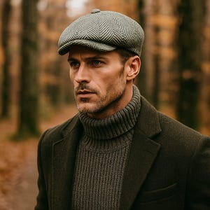 Dark Grey Herringbone Wool Newsboy Cap: Peaky Blinders Style