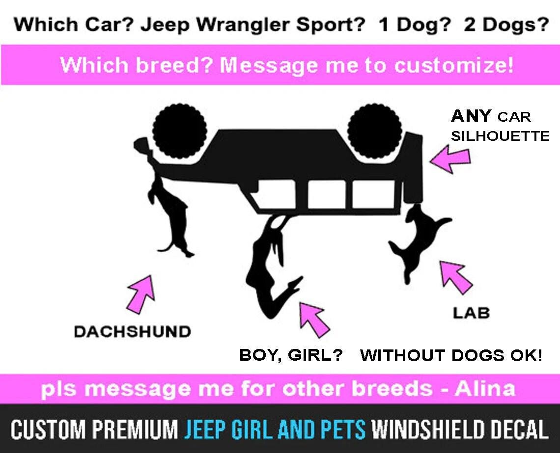 Personalized for jeep-like cars, YOUR car silhouette and YOUR dog breeds / decal / custom car windshield sticker