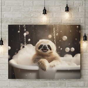 Sloth in Bathtub, Funny Animal Wall Decor, Humorous Sloth Portrait, Colorful Painting, Quirky Animal Wall Art, Home Decor, Digital Download