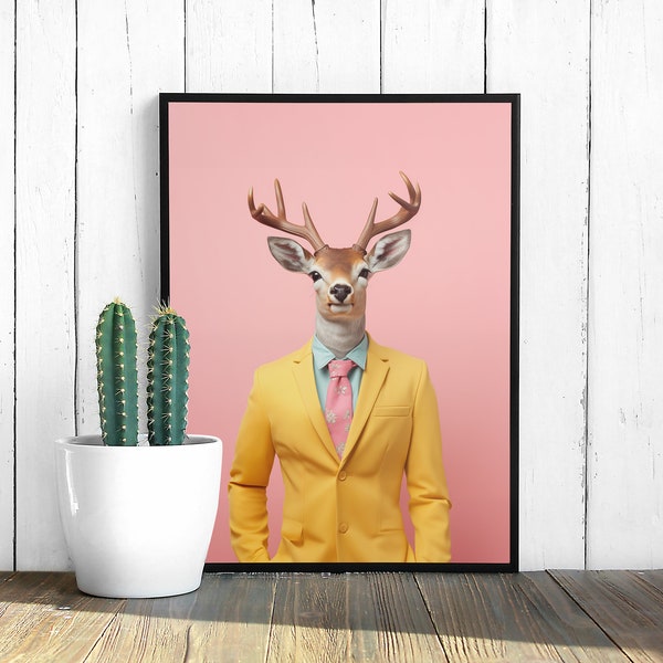 Fantastic Deer in Suit, Funny Animal Wall Decor, Humorous Deer Portrait, Colorful Painting, Quirky Animal Wall Art, Home Decor, Digital