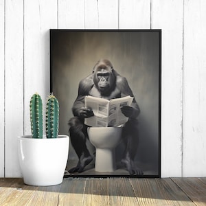 Gorilla Sitting on Toilet and Reading a Newspaper, Funny Animal Wall Art, Humorous Gorilla Portrait, Animal Home Decor, Digital Art