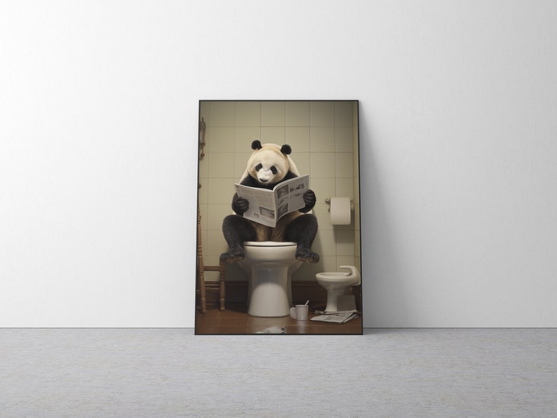 Panda Sitting on Toilet and Reading a Newspaper, Funny Animal Wall Art ...