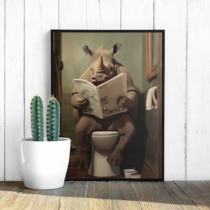 Rhino Sitting on Toilet and Reading a Newspaper, Funny Animal Wall Art, Humorous Rhino Portrait, Animal Home Decor, Digital Art