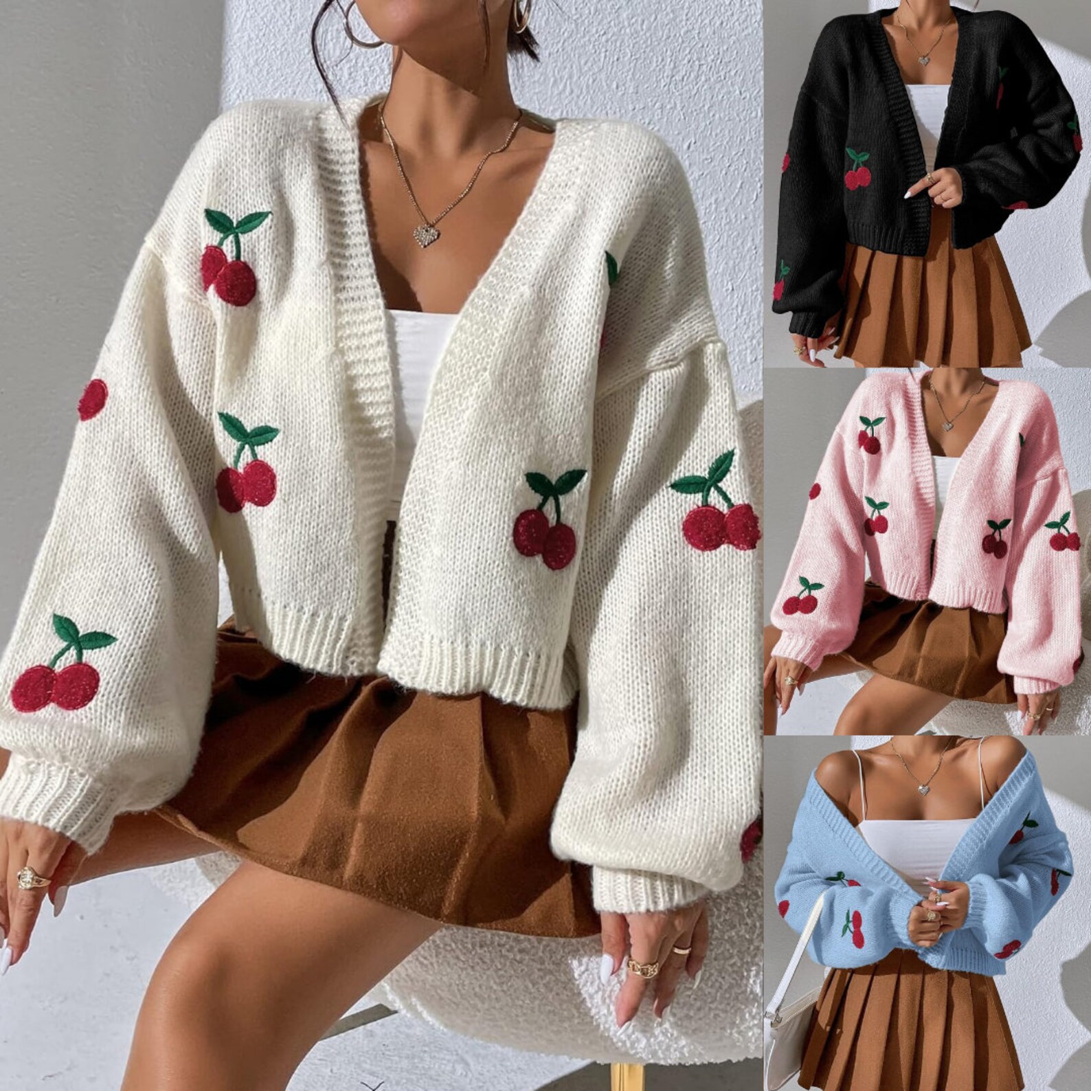Cherry Cardigan, Knitted Chunky Cropped Sweater, White Sweater With ...