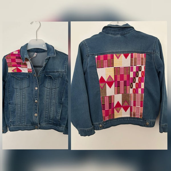 Veste en Jean pour enfant, taille 8 ans, tissu wax (africain) pièce unique, idéal pour un cadeau