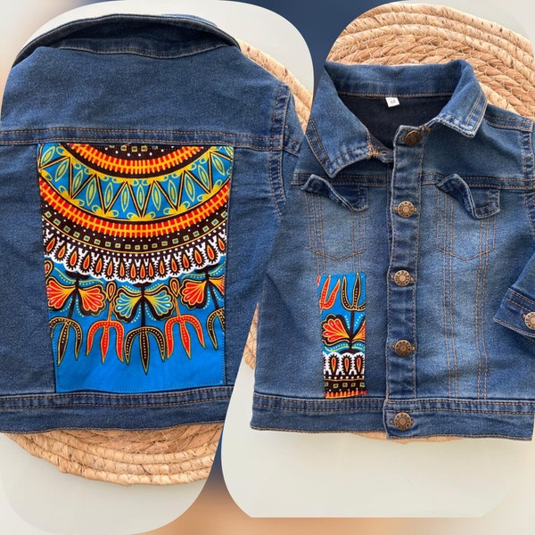 Children's denim jacket for baby and teenager, customized in wax African fabric, gift idea, fashion and beauty