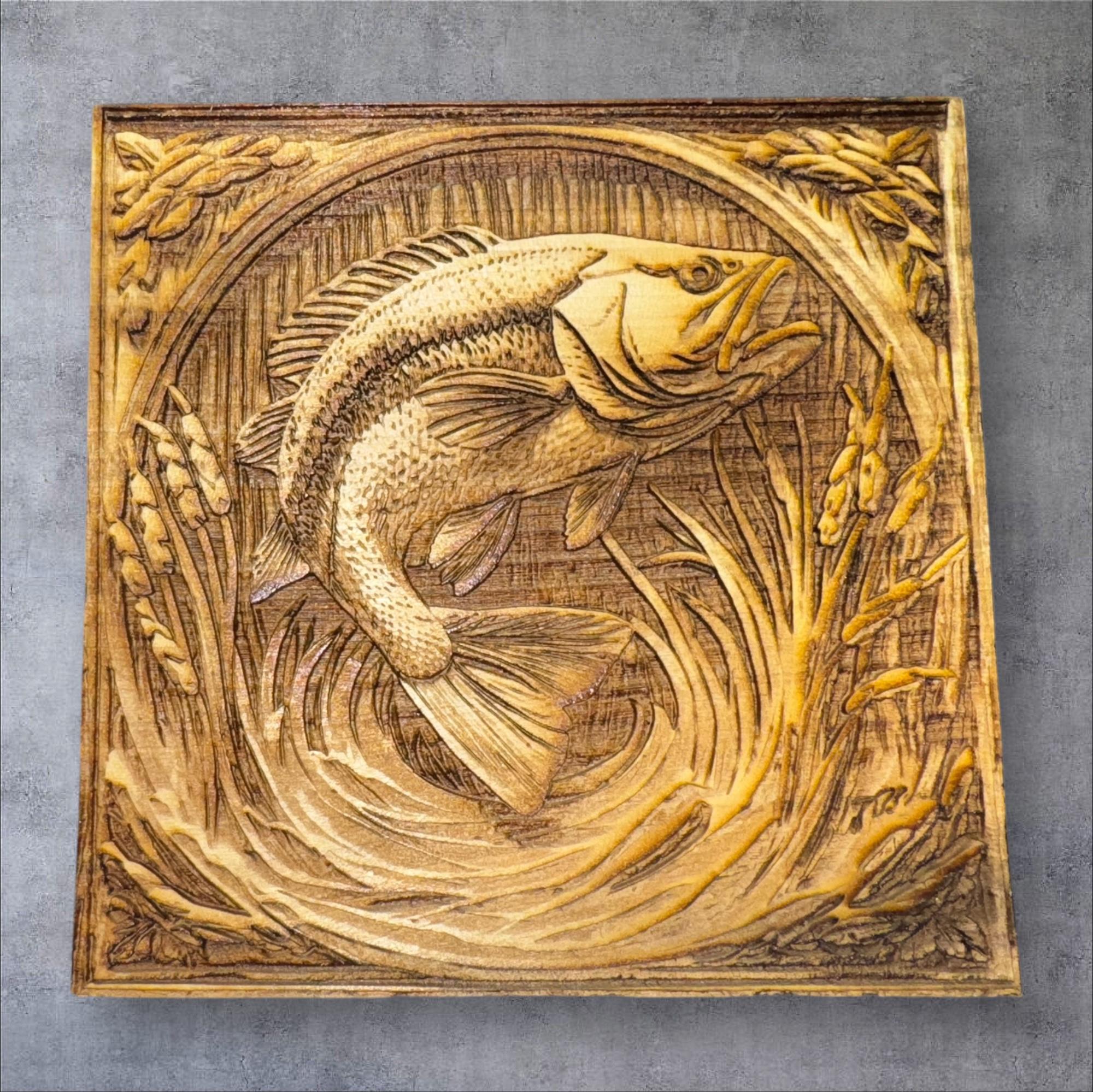 Jumping Bass / Wall Art / 3D Deep Relief Engraving / Laser Engraved