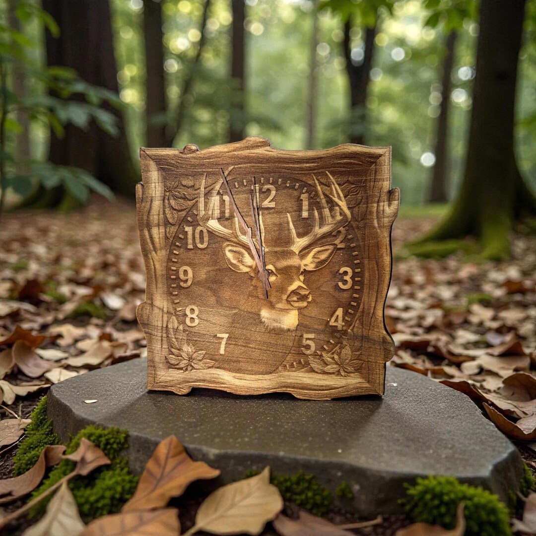 Deer Wall Clock | Laser‑engraved Poplar Wood | Rustic Cabin Decor ...