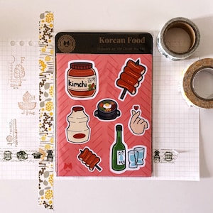 Koreaans voedsel stickervel | Schattig, Kawaii, Kimchi, Tteokbokki, Soju, Bibimbap-stickers | Waterbestendige vinylstickers voor laptop, bindmiddel