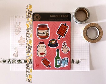 Korean Food Sticker Sheet | Cute, Kawaii, Kimchi, Tteokbokki, Soju, Bibimbap Stickers | Water Resistant Vinyl Stickers for Laptop, Binder