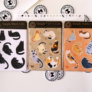 Feuille d'autocollants de la série Simple Cats | Stickers mignons, kawaii, tigré, chat noir | Autocollants en vinyle résistant à l'eau pour ordinateur portable, cahier, classeur
